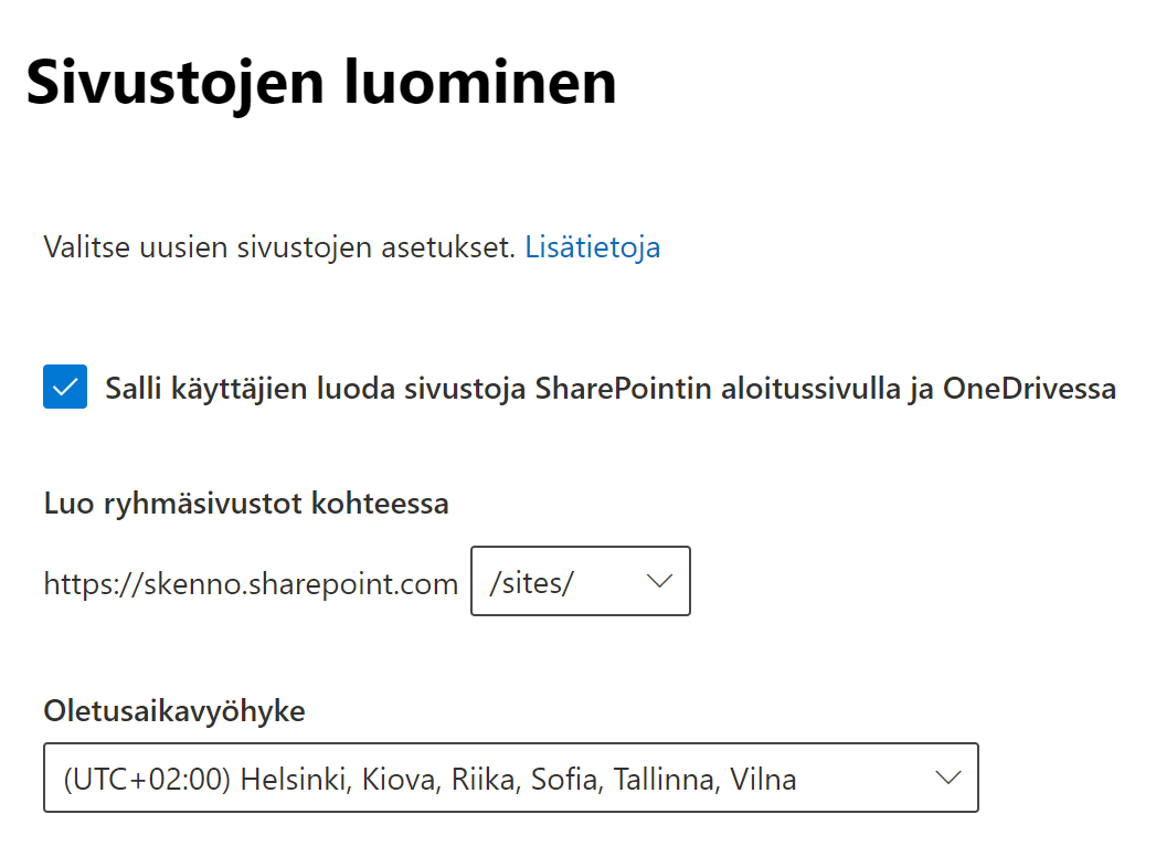 SharePoint-sivustojen aikavyöhykkeet määräävät myös Teamsin tiimien kansioiden ja dokumenttien aikavyöhykkeet. Oletusarvo vaikuttaa uusiin saitteihin ja sen myötä tiimeihin.